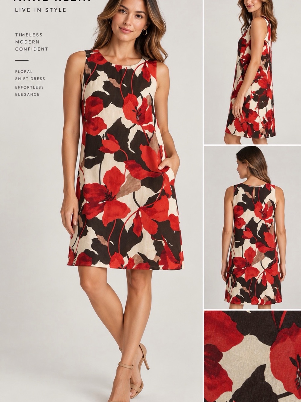 Anne Klein Cream Shift Dress with Red Floral Print